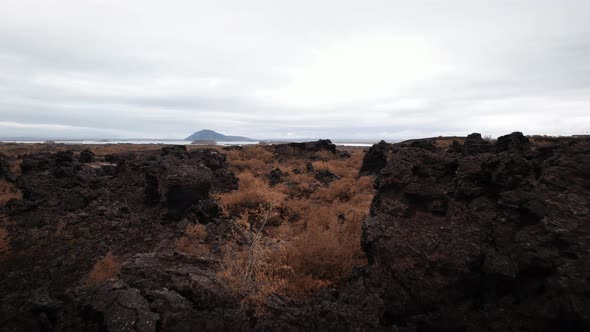 Drone Over Volcanic Rocks and Terrain of Dimmuborgir