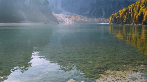 Autumn lake Braies or Pragser Wildsee, Dolomites Alps, Italy