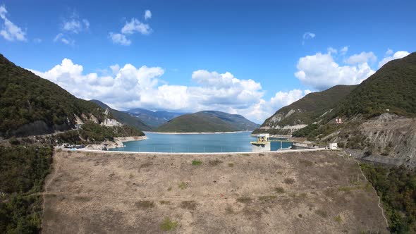 Aerial view of Zhinvali Reservoir. Ananuri Lake with blue water in Georgia.