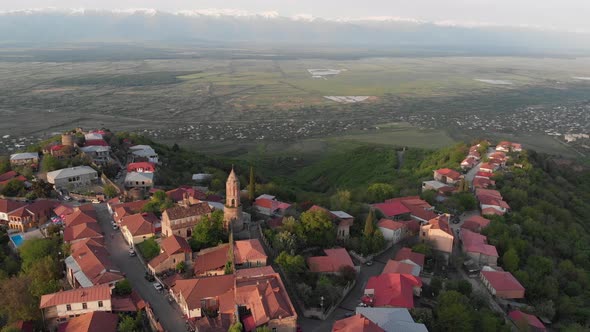 Aerial view of beautiful city of love Sighnaghi. Georgia 2019 spring