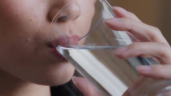 Closeup Female Lips Unrecognizable Woman Drinking Clean Water Home Delivery Holding Glass Lunch