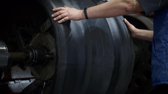 Tyre Manufacturing Workshop Employee Checking Production Automat Working Process