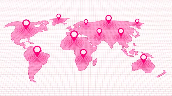 Pink Color World Map Location Tracking Animated On White Background