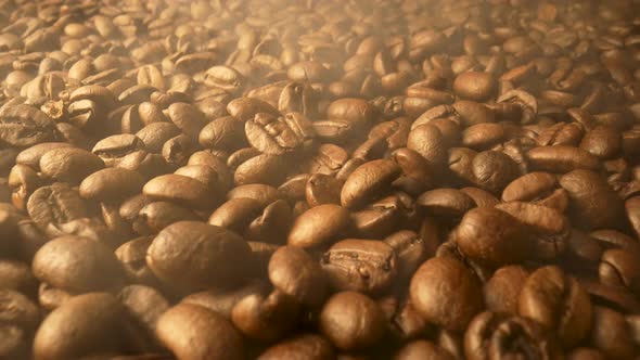 Brown Coffee Beans with Outgoing Aromatic Steam After Roasting