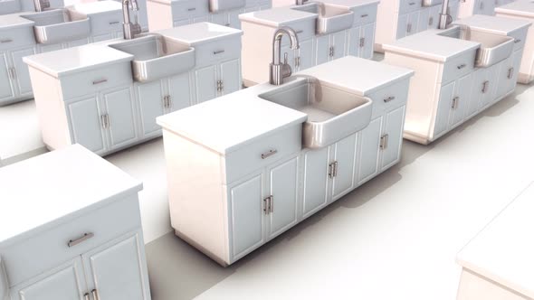 A Lot Of White Kitchen Sinks In A Row 4k