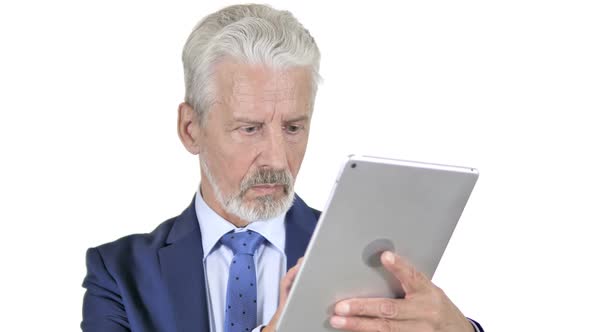 Old Businessman Using Tablet White Background