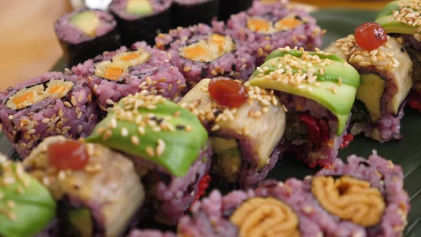 Close Up of Healthy Colorful Vegan Sushi