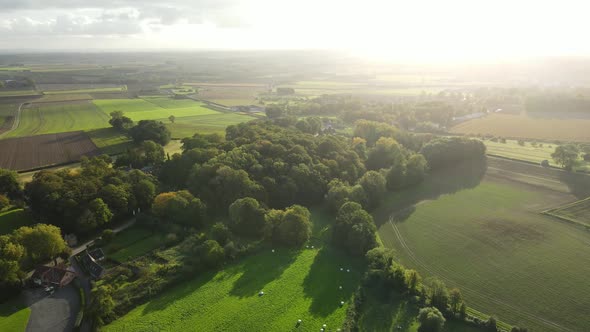 Aerial view of meadows and fields in countryside. The sun sets over the rural landscape