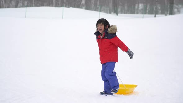 Cute Asian Child Playing Sled On Snow