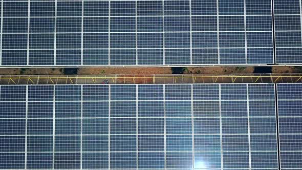 Solar panels in aerial view. Solar farm. Source of ecological renewable energy.