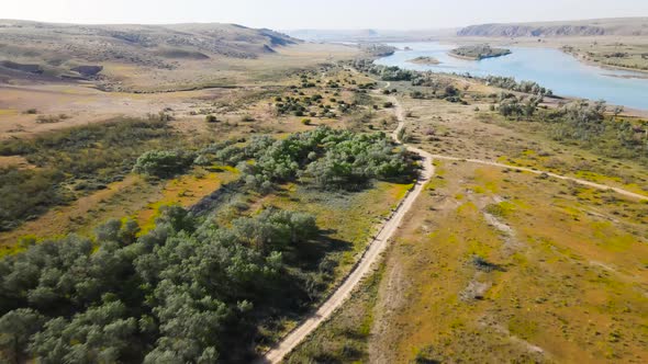 Drone Shot of River Ili and Spring Steppe in Kazakhstan