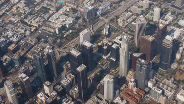 Aerial View From Plane Window Of The Downtown With Skyscrapers Los Angeles