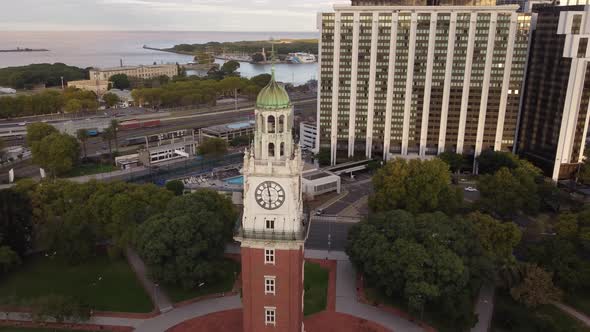 Orbit aerial view of top of Monumental Tower, Buenos Aires