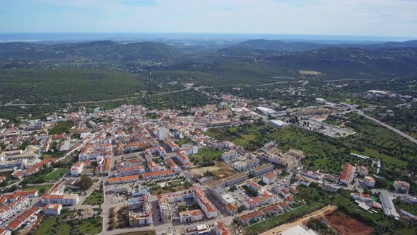 Aerial Overview of Urban Town Center of Sao Bras De Alportel in Algarve Portugal