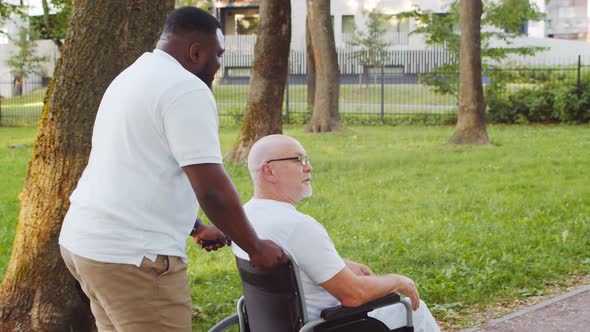 African-American caregiver and old disabled man in a wheelchair. Nurse and patient.