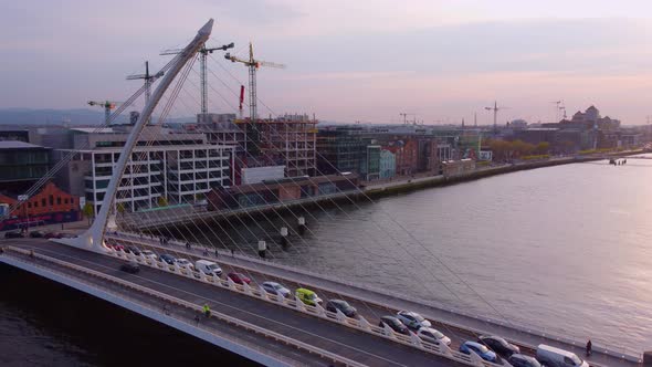 Samuel Beckett Bridge Over River Liffey in Dublin  Aerial View