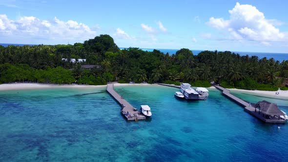 Wide above copy space shot of a sunshine white sandy paradise beach and aqua turquoise