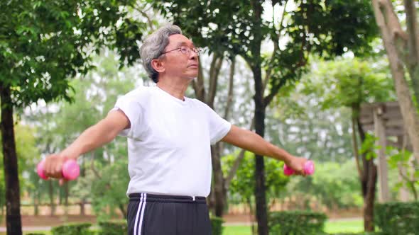 Asian senior man exercising in a green park.