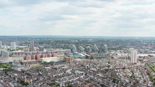 Drone shot over residential housing in fulham towards Wandsworth West London