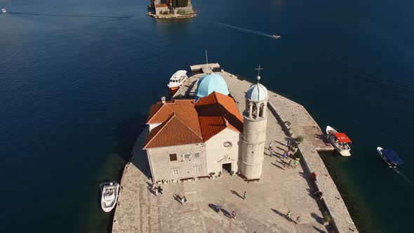 Drone View of the Church of the Our Lady of the Rocks on the Island of Gospa Od Skrpjela