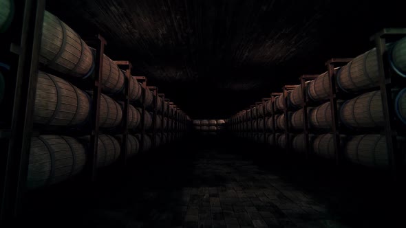 Wine Barrels in the Basement of a Vineyard