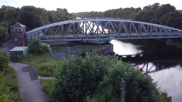 Aerial view idyllic Manchester ship canal iron swing bridge Warrington England