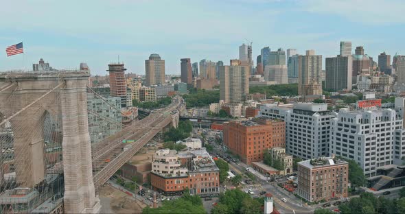 Aerial View of Brooklyn Bridge with Overview Brooklyn Skyline New York City