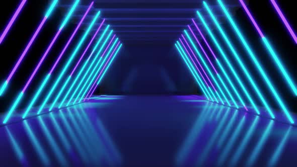 Futuristic studio concept with bright laser animation and reflective floor.