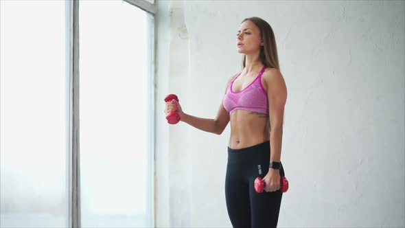Sporty Young Woman with Dumbbells on Gray Background. She Lifting Dumbbells