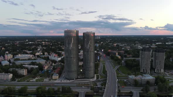 City office towers sunset view