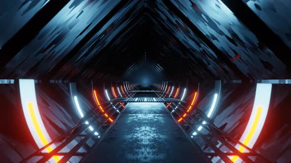 Cyber Tunnel. Sci-Fi interior design. Illuminated futuristic spaceship corridor. Looped 4k.