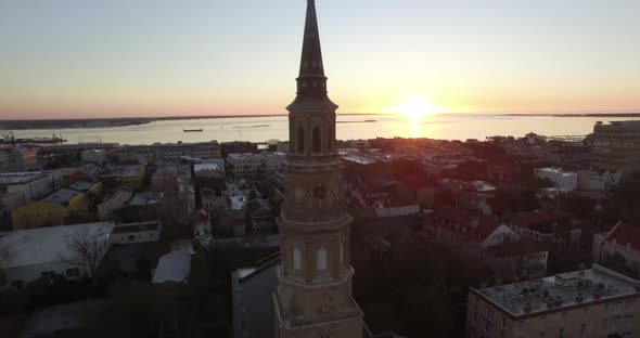 Aerial of downtown Charleston sunrise with Saint Philips Church