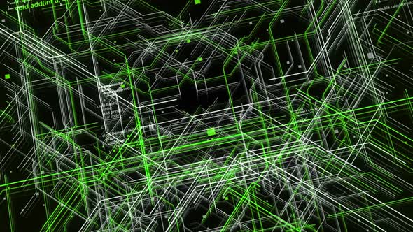 Abstract code lines among moving green and white stripes