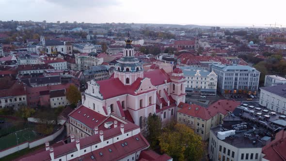 Aerial circling shot of St. Casimir church. Vilnius, Lithuania