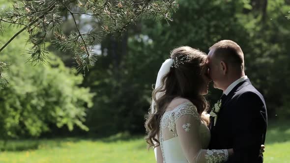 Romantic wedding moment, couple of newlyweds smiling portrait,