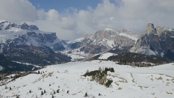 Aerial, Snowy Dolomites Mountains, Huge Peaks And Beautiful Winter Landscape