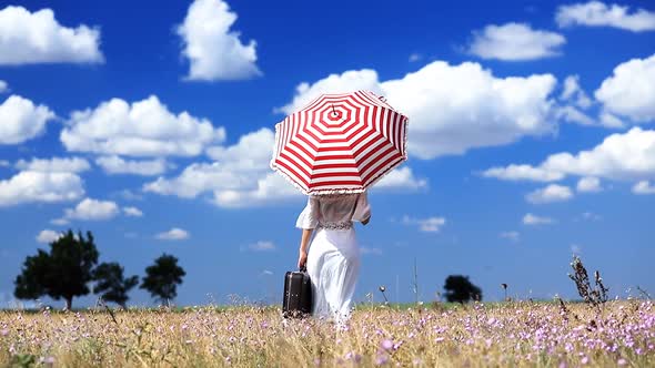 beautiful young woman with suitcase and umbrella in the field