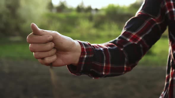 The Farmer Tests The Soil For Fertility And Dedication To Planting Crops. The Hand Of The Farmer