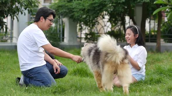 Happy Asian Family Playing With Siberian Husky Dog In The Garden