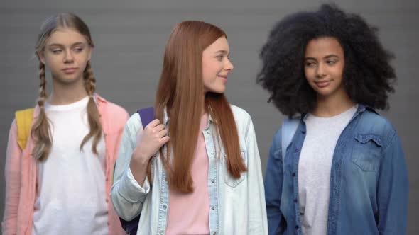 Female Teenagers With School Bags Smiling Each Other, Student Exchange Program