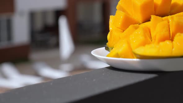 Cutted Cubes Slices Ripe Mango on Poolside Background