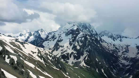 Aerial View from an drone of Beautiful Snowy Caucasus Mountain Landscape in Winter