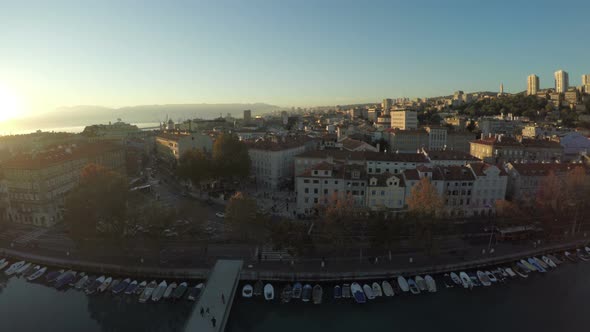 Aerial view of buildings and a bridge