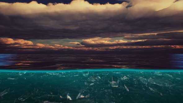 Split View Over and Under Water in the Caribbean Sea with Clouds