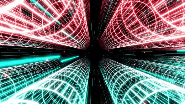 Motion Design Array of Cylinders Camera Flies and Rotates in Digital Scifi Space with Neon Light and