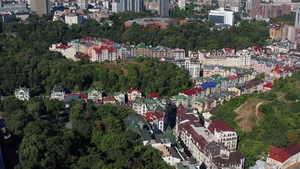 Top view of Podol. Many buildings and churches.