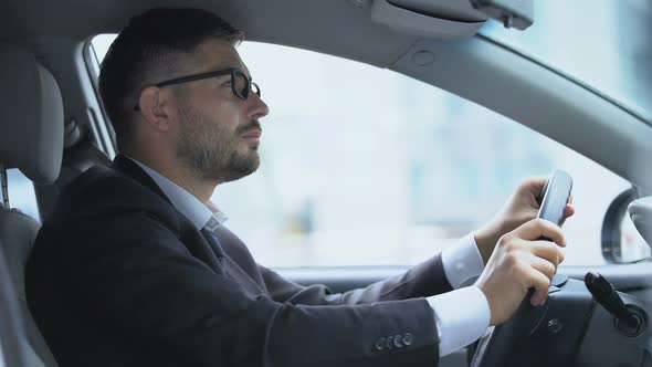 Man in Car Suffering From Vision Problems Putting Glasses on and Off, Eyesight