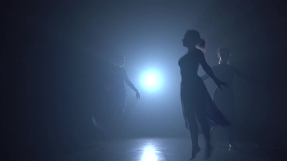 Professional Ballerinas Dancing at Studio in Spotlight on Black Background