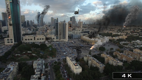 Tel aviv City under Attack in War illustartion  Aerial view