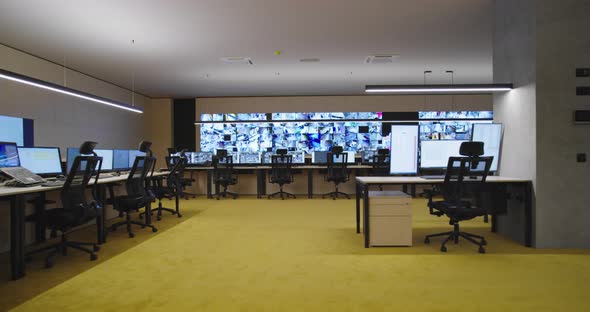 Empty Office Desk and Chairs at a Main CCTV Security Data Center
